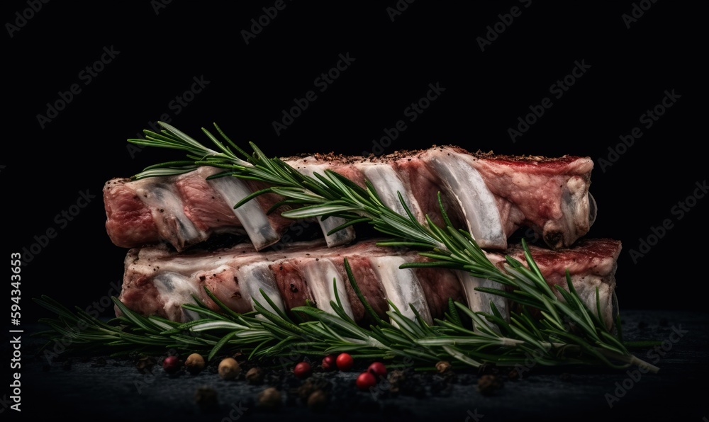  a stack of raw meat with rosemary sprigs on a black background with spices and pepper on the bottom