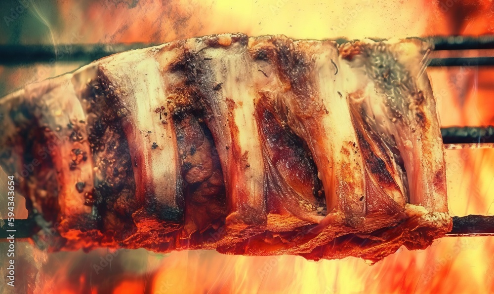  a piece of meat is being cooked on a grill with flames in the background and on the grill is a piec