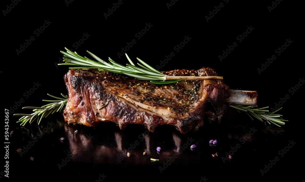  a piece of steak with a sprig of rosemary on top of it on a black surface with a black background a