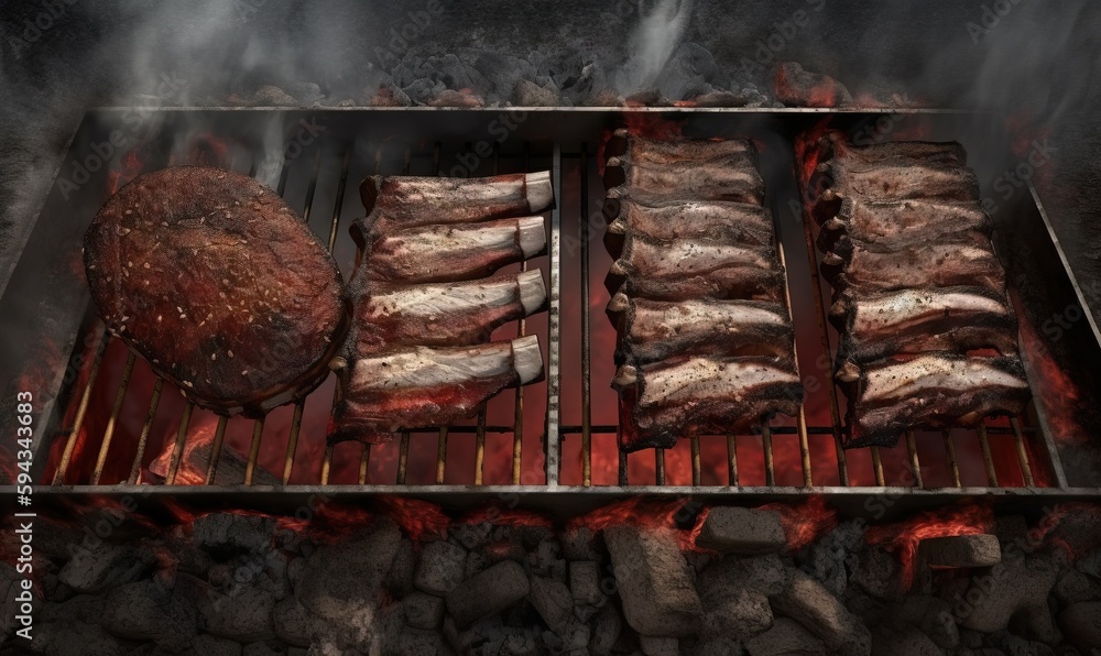  a grill with steaks and steaks cooking on its side and a steak on the other side of the grill with