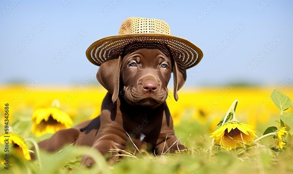  a brown dog wearing a straw hat laying in a field of sunflowers with a blue sky in the background a