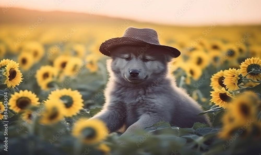  a dog is sitting in a field of sunflowers wearing a hat and a hat on his head and a hat on his head