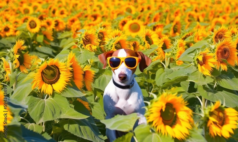  a dog wearing sunglasses sitting in a field of sunflowers with a dog in the middle of the photo loo