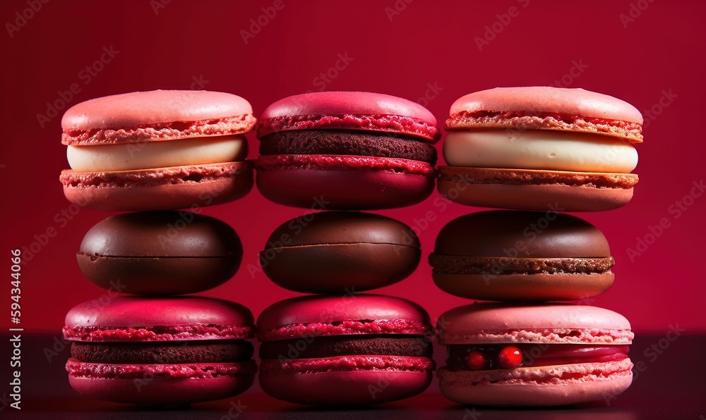  a stack of macaroons sitting on top of each other on a table next to a red wall with a red backgrou