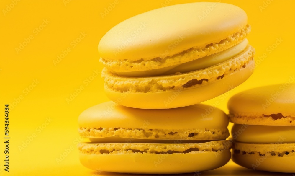  a stack of yellow macaroons sitting on top of each other on a yellow background with a yellow backg