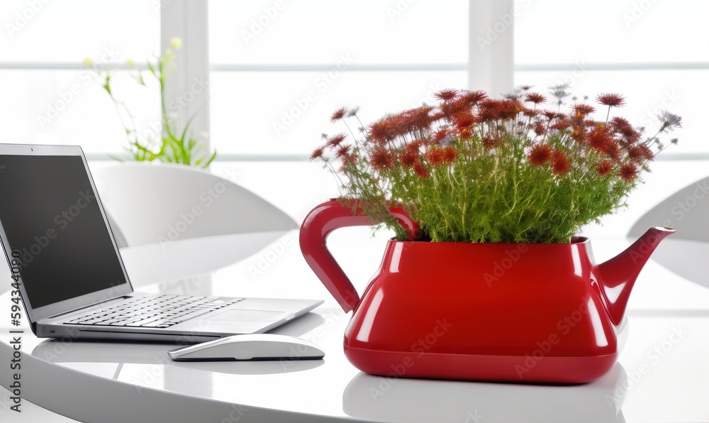  a laptop computer sitting on top of a table next to a red vase filled with flowers and a potted pla