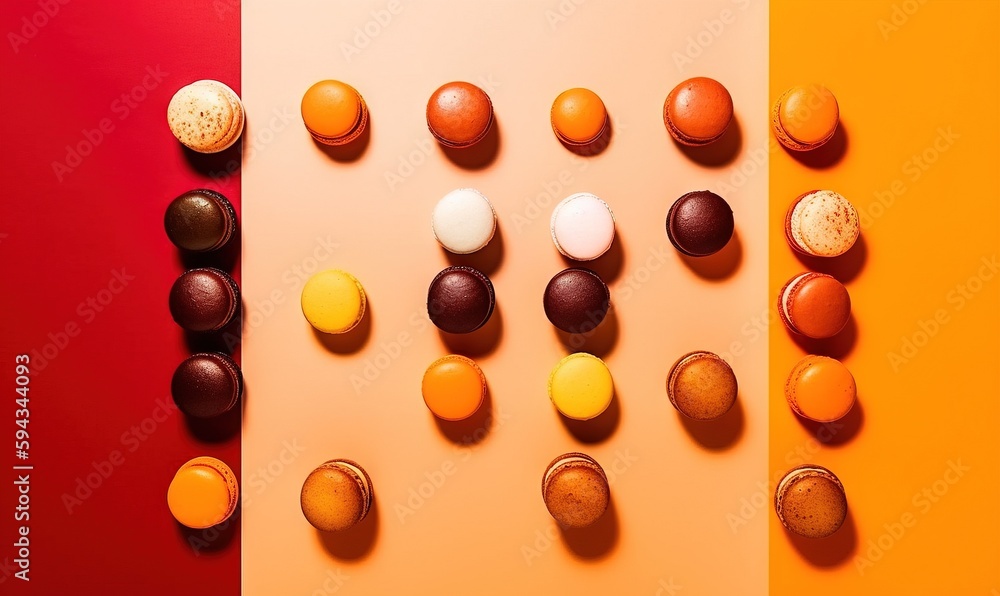  a group of different colored candies on a yellow and red background with a red and orange backgroun