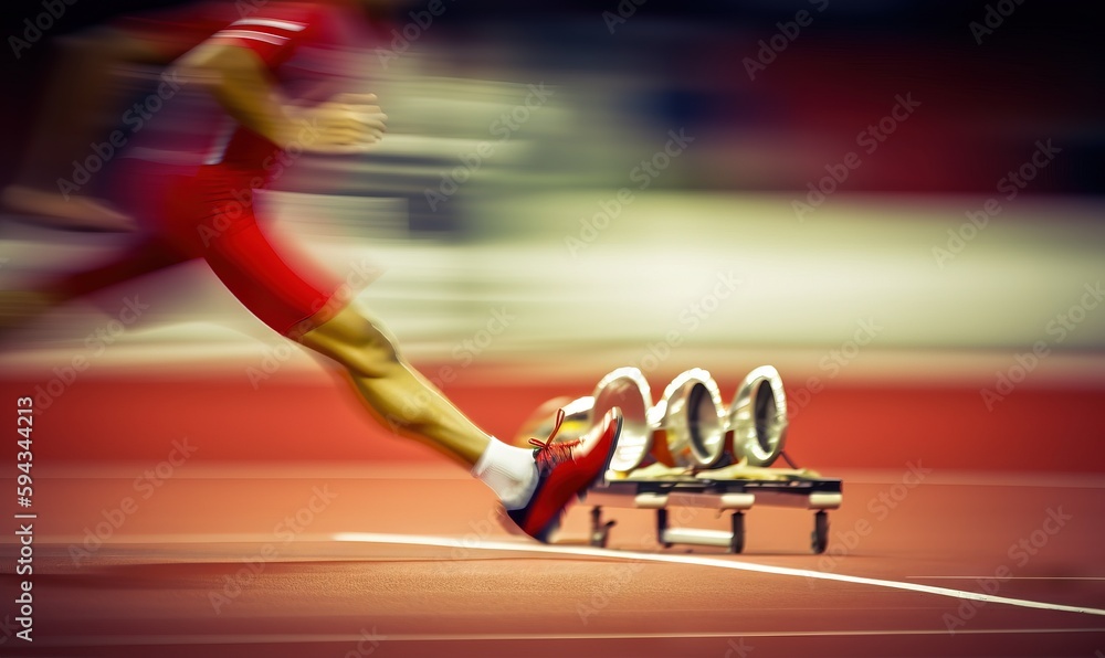  a man running past a row of wooden benches on top of a red track with white lines on the side of th