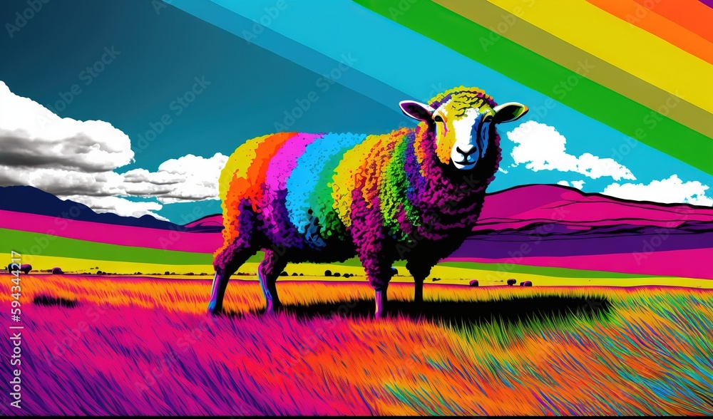  a sheep standing in a field with a rainbow sky in the background and clouds in the sky over the hil