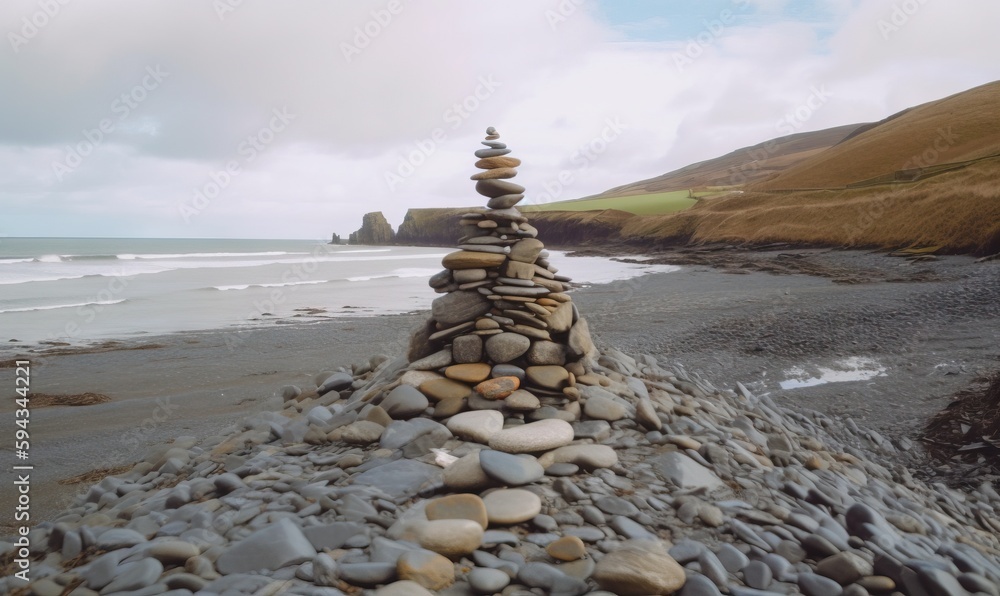  a pile of rocks sitting on top of a beach next to a body of water and a hill covered in grass and r