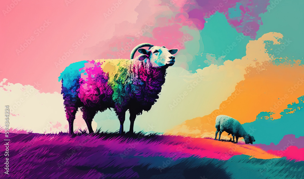  a painting of a sheep and a lamb grazing in a field with a colorful sky in the background and cloud