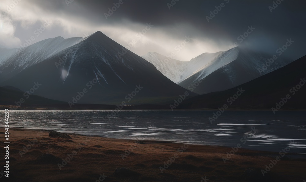  a mountain range with a body of water in the foreground and dark clouds in the background, with a b