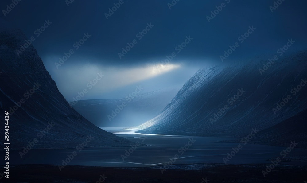  a dark mountain landscape with a river in the middle of the valley and a light shining through the 