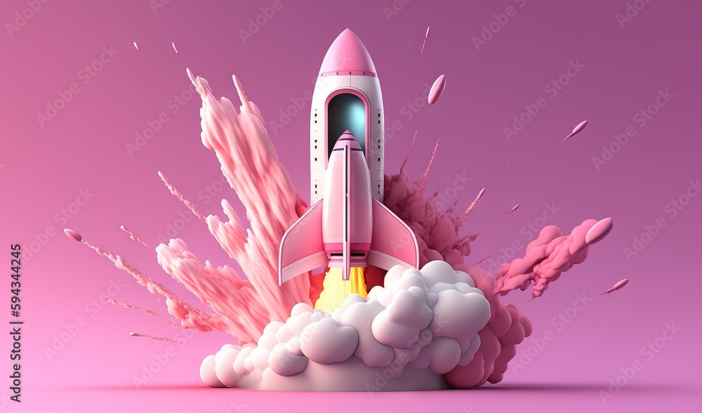  a pink and white rocket is flying through the air with smoke coming out of it and pink and white cl