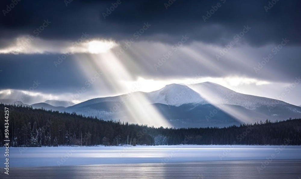  the sun shines through the clouds over a mountain lake with trees in the foreground and a mountain 