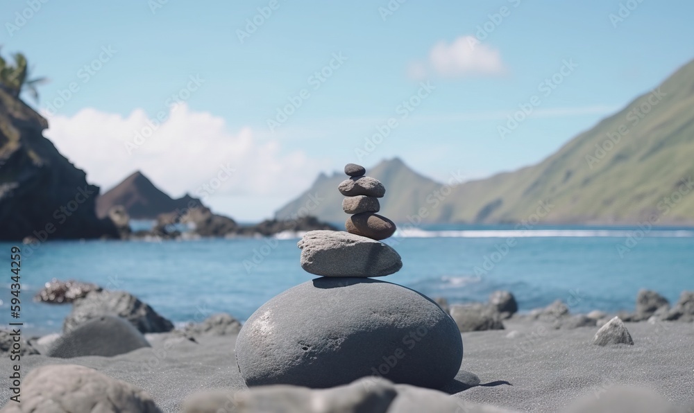  a pile of rocks sitting on top of a beach next to a body of water with a mountain in the distance i