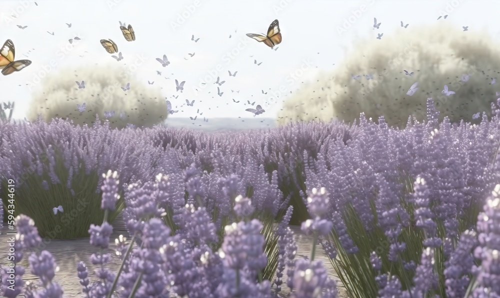  a field full of purple flowers and butterflies flying over them in the sky above the trees and gras