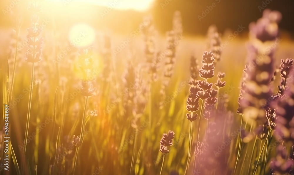  a field of lavender flowers with the sun shining in the distance behind them and the grass in the f