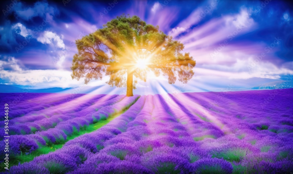  a tree in a lavender field with the sun shining through the clouds over it and the sun shining thro