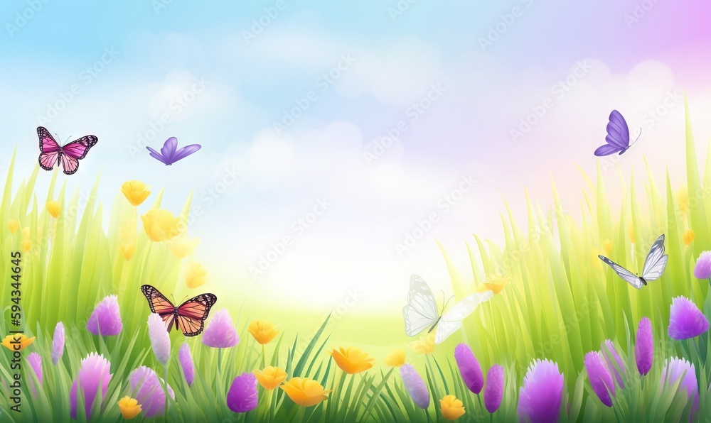  a field of flowers and butterflies with a sky in the backgrounnd of the image is a bright blue sky 