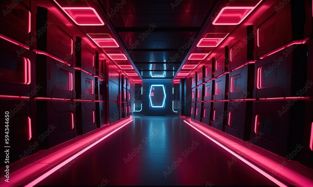  a long hallway with red neon lights and a long hallway leading to another room with red lights and 