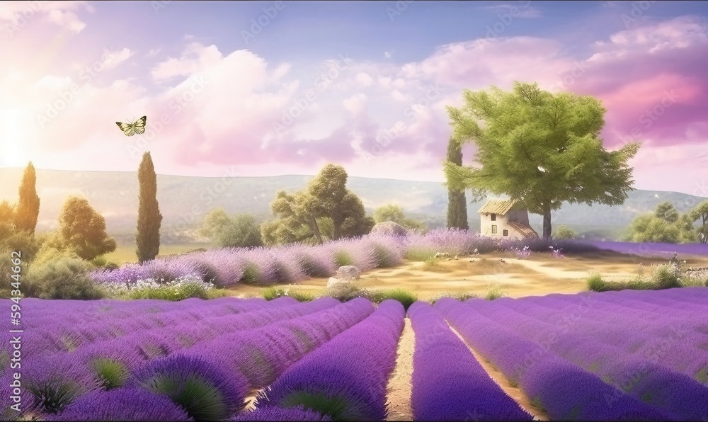  a painting of a lavender field with a house in the distance and a butterfly flying over the lavende