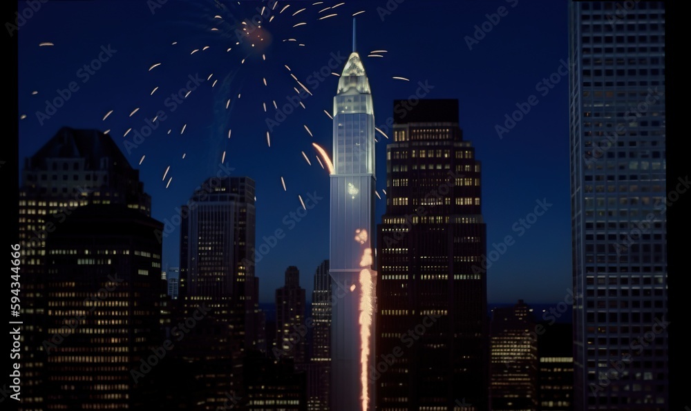  fireworks are lit up in the sky above a city skyline at night with skyscrapers lit up in the backgr