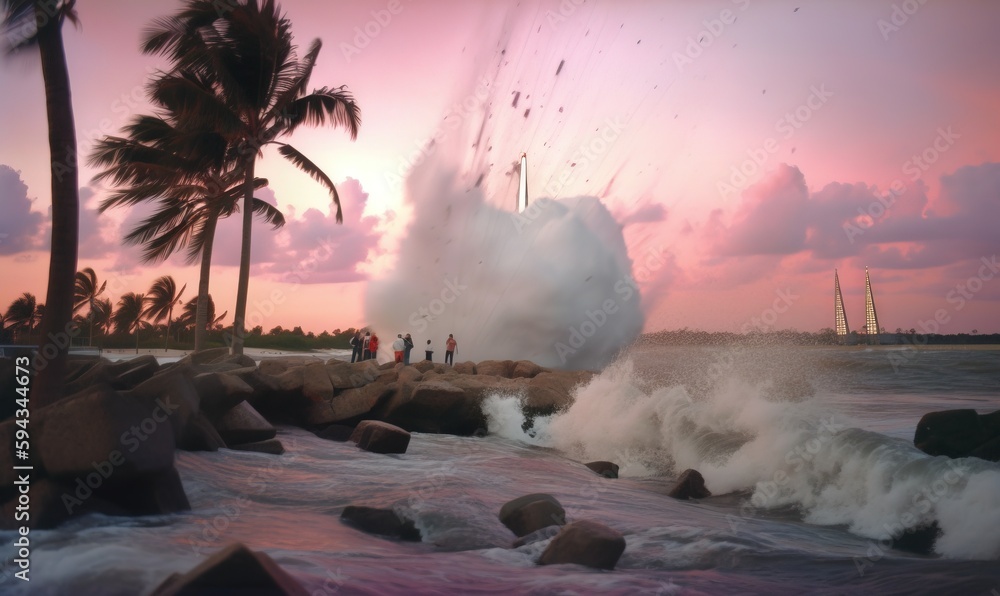  a group of people standing on top of a beach next to a wave crashing into the shore of a body of wa