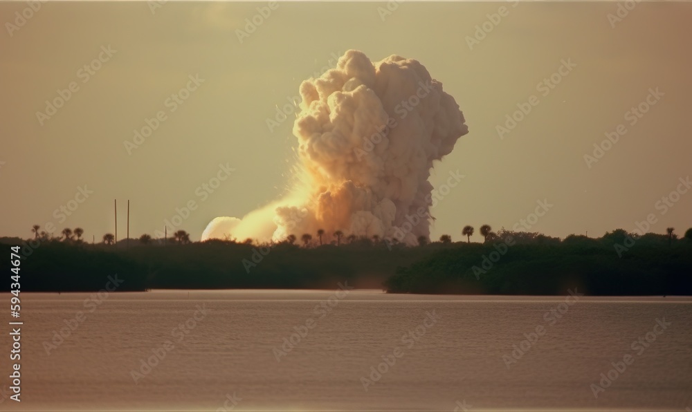  a large plume of smoke rising from the top of a building next to a body of water with trees in the 