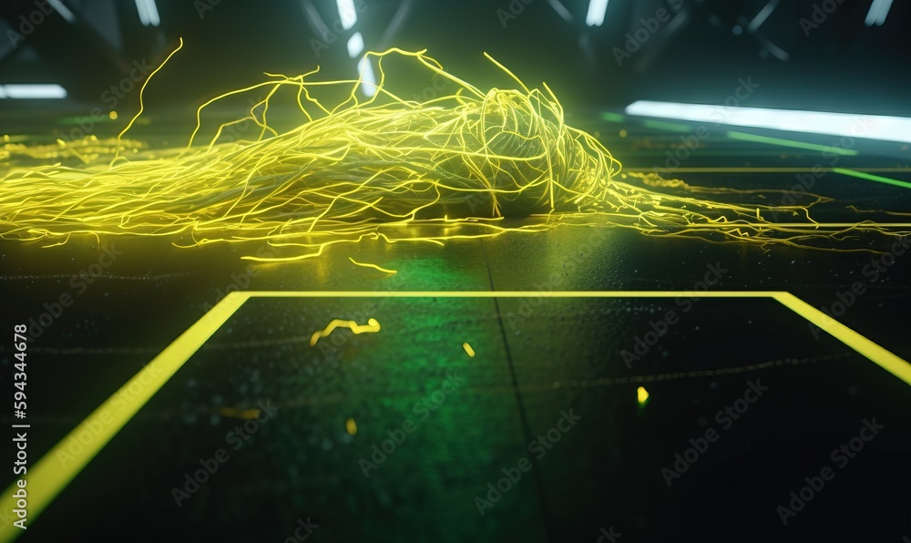  a green and yellow light is shining on a black surface with a pattern of lines and shapes in the mi