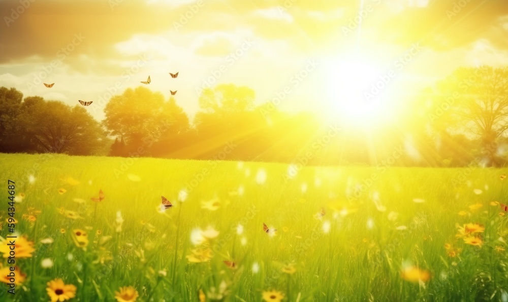  a field of grass with yellow flowers in the foreground and the sun in the background with a few bir