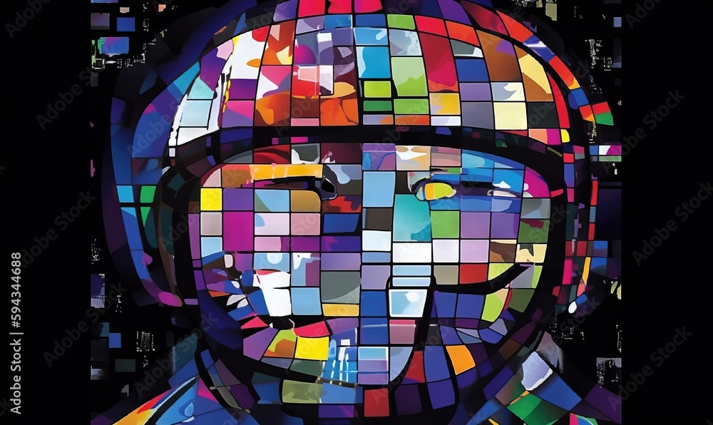  a colorful picture of a mans face made up of squares of different colors and shapes on a black bac