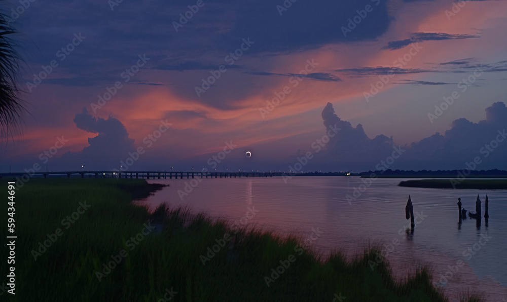  a sunset over a body of water with a bridge in the distance and clouds in the sky over the water an