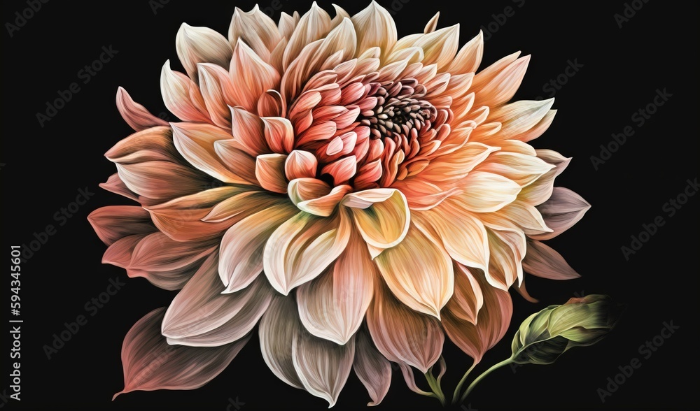  a painting of a large flower on a black background with a green stem in the center of the flower an