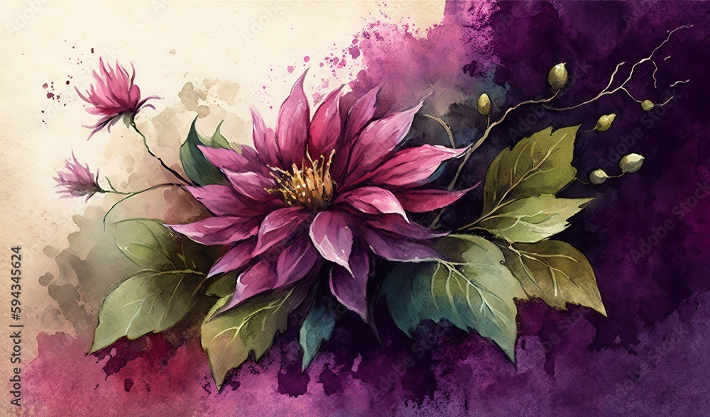  a painting of a purple flower with green leaves on a purple background with watercolor splashes in 