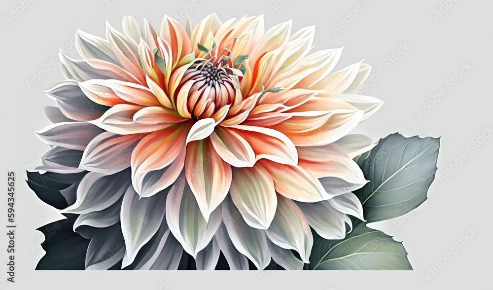  a large flower with leaves on a gray background with a white border around the center of the flower