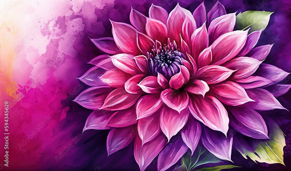  a painting of a purple flower on a purple and pink background with green leaves on the bottom of th