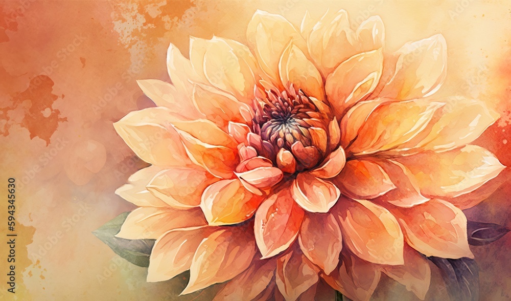  a painting of a large yellow flower on a yellow and orange background with watercolors on the botto