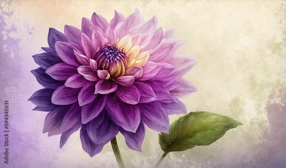  a painting of a purple flower with a green leaf on the side of the flower and a white background wi