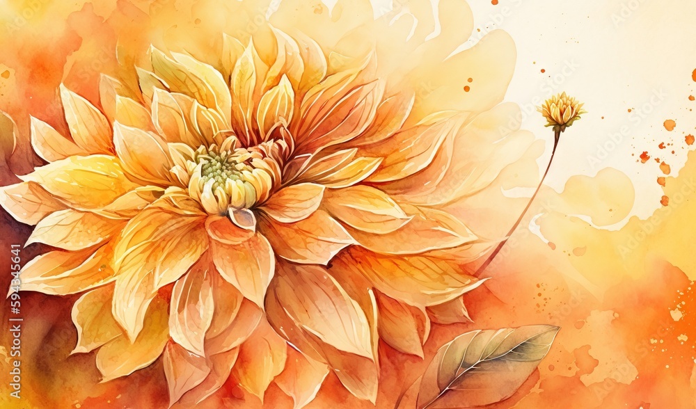  a painting of a large yellow flower on a yellow and orange background with watercolors and inks on 