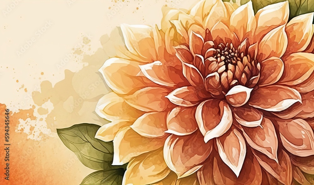  a large flower with green leaves on a yellow and orange background with a watercolor splash behind 