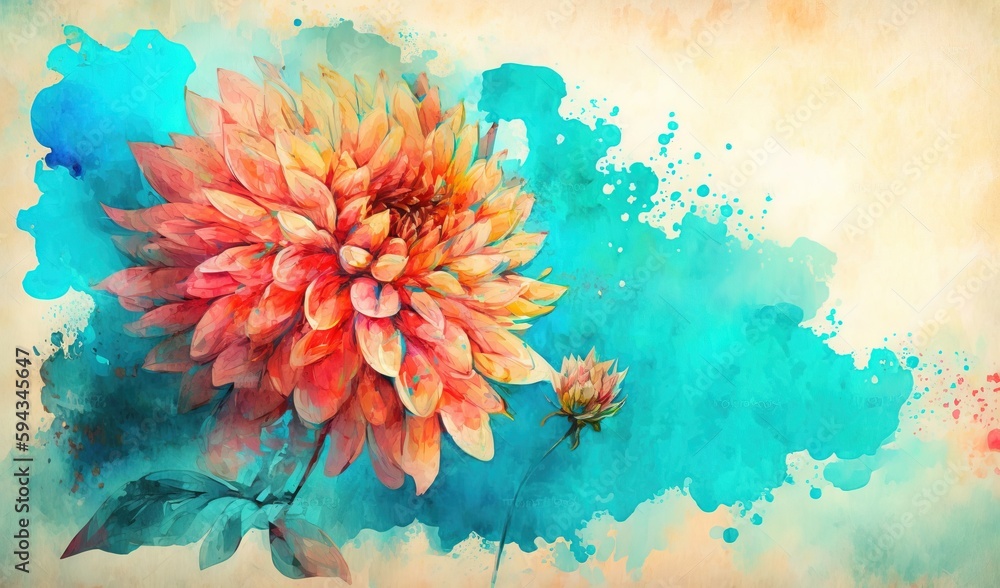  a painting of a large flower on a blue and yellow background with a splash of paint on the bottom o