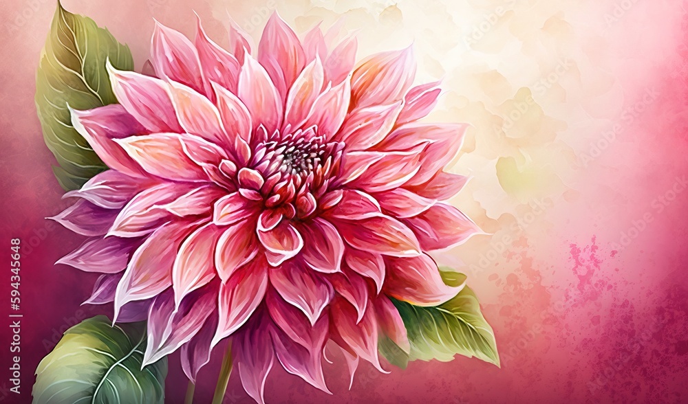  a painting of a pink flower with green leaves on a pink and yellow background with a green stem and