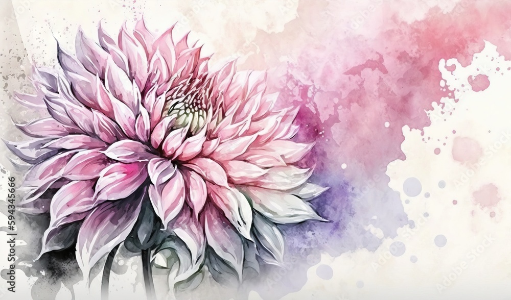  a painting of a pink flower on a white and pink background with watercolor splashes on the bottom o