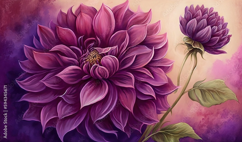  a painting of a purple flower on a purple background with green leaves and a bee on the center of t