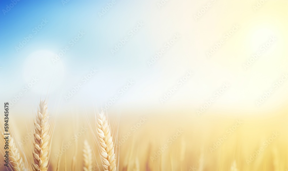  a close up of a wheat field with a blue sky in the background and a bright sun in the distance with