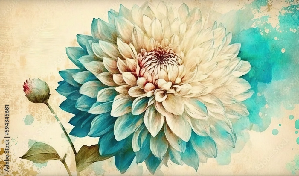  a painting of a large flower on a beige and blue background with watercolor stains on the bottom of