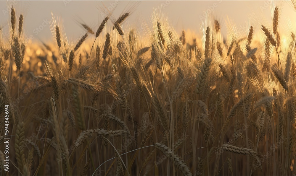  a field of ripe wheat with the sun shining through the clouds in the background and a bird flying i