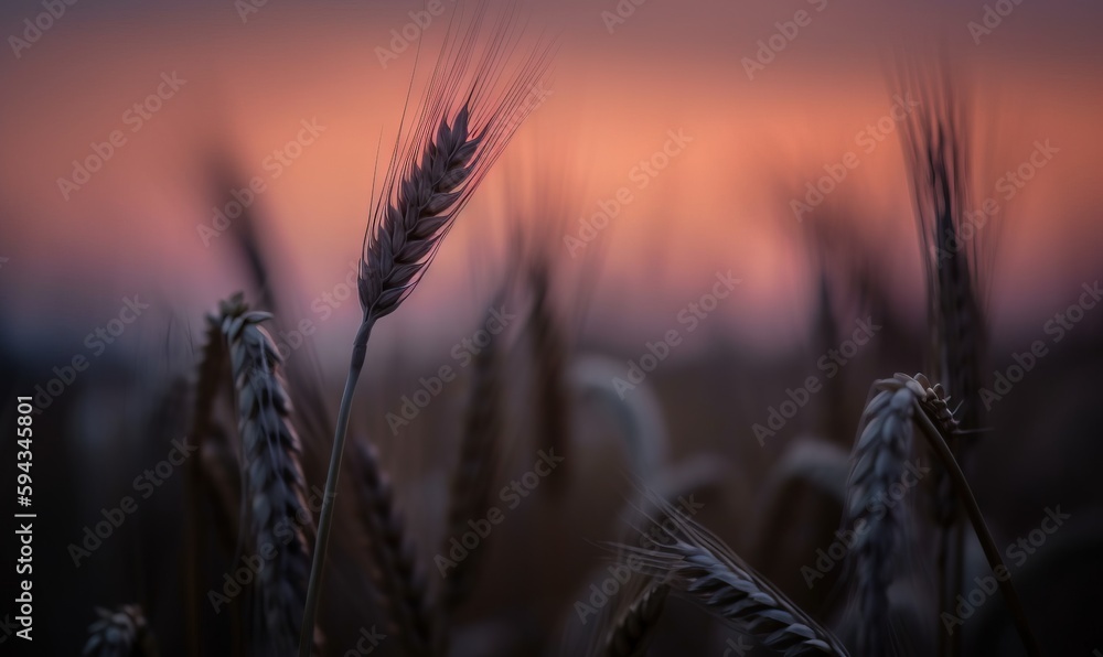  a close up of a field of wheat with a pink sky in the background and a blurry photo of the grain in