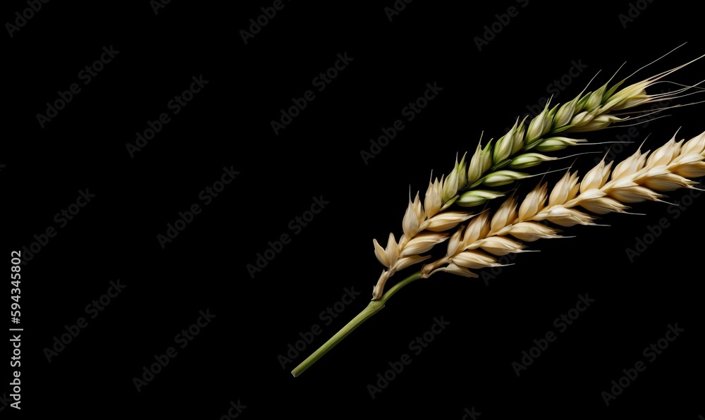  a close up of a stalk of wheat on a black background with a black background and a black back groun